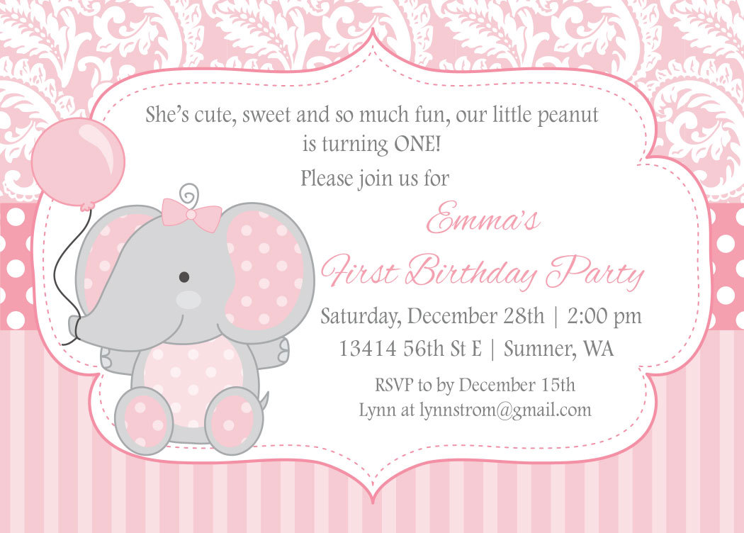 Elephant Birthday Invitation For Girls Kids First Birthday Party