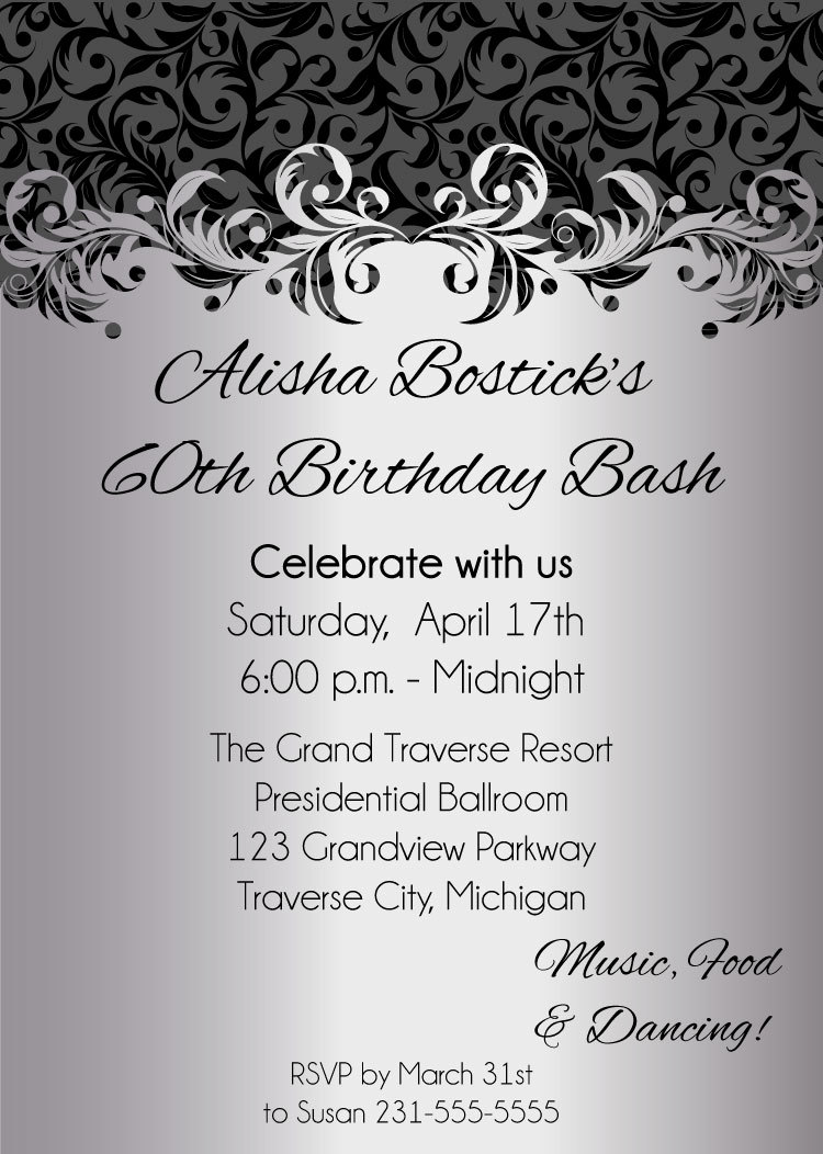 Silver Ornate Adult Birthday Party Invitations Printable Digital